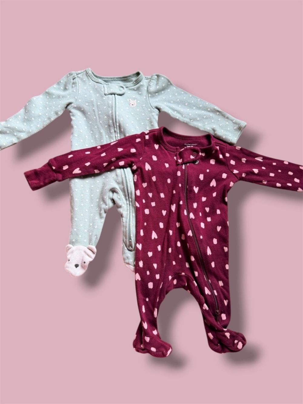 Baby Girls Heart Print Burgundy One-Piece and Mint Sleep N Play Set